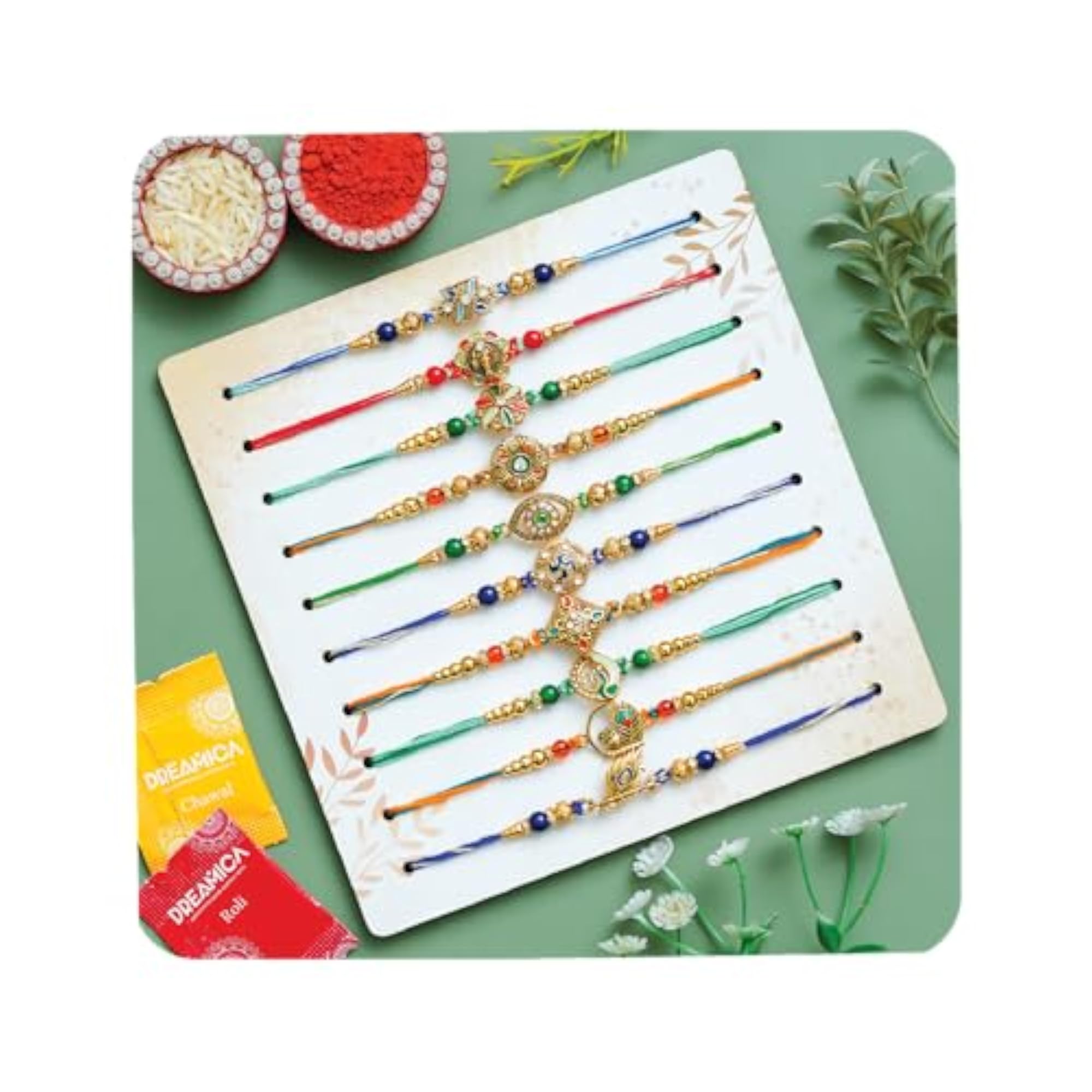 Set of 10 Rakhi with Greeting Card and Tilak Set Combo